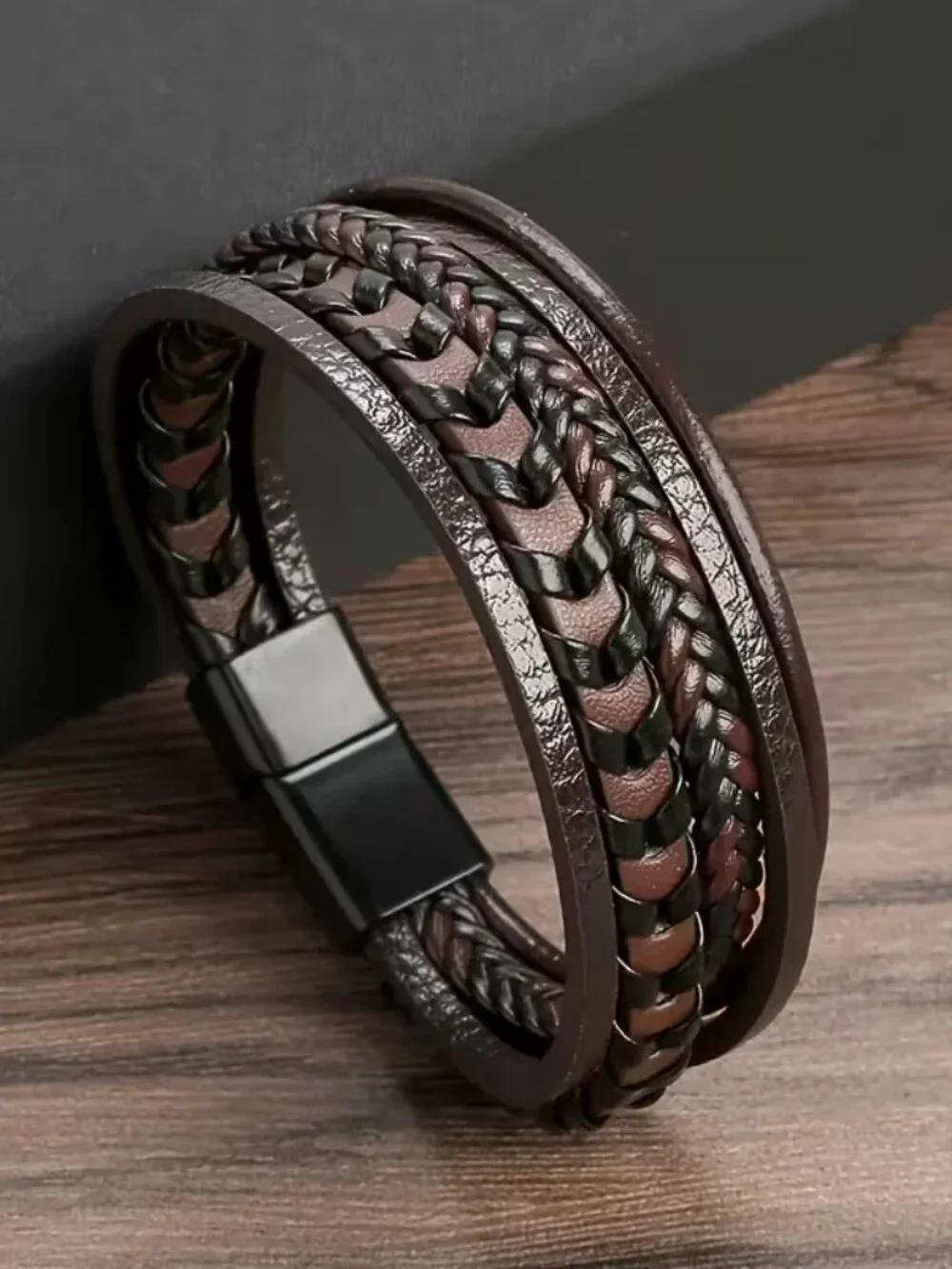 Multi-Layered Faux Leather Rope Magnetic Clasp Men's Versatile Bangle Bracelet